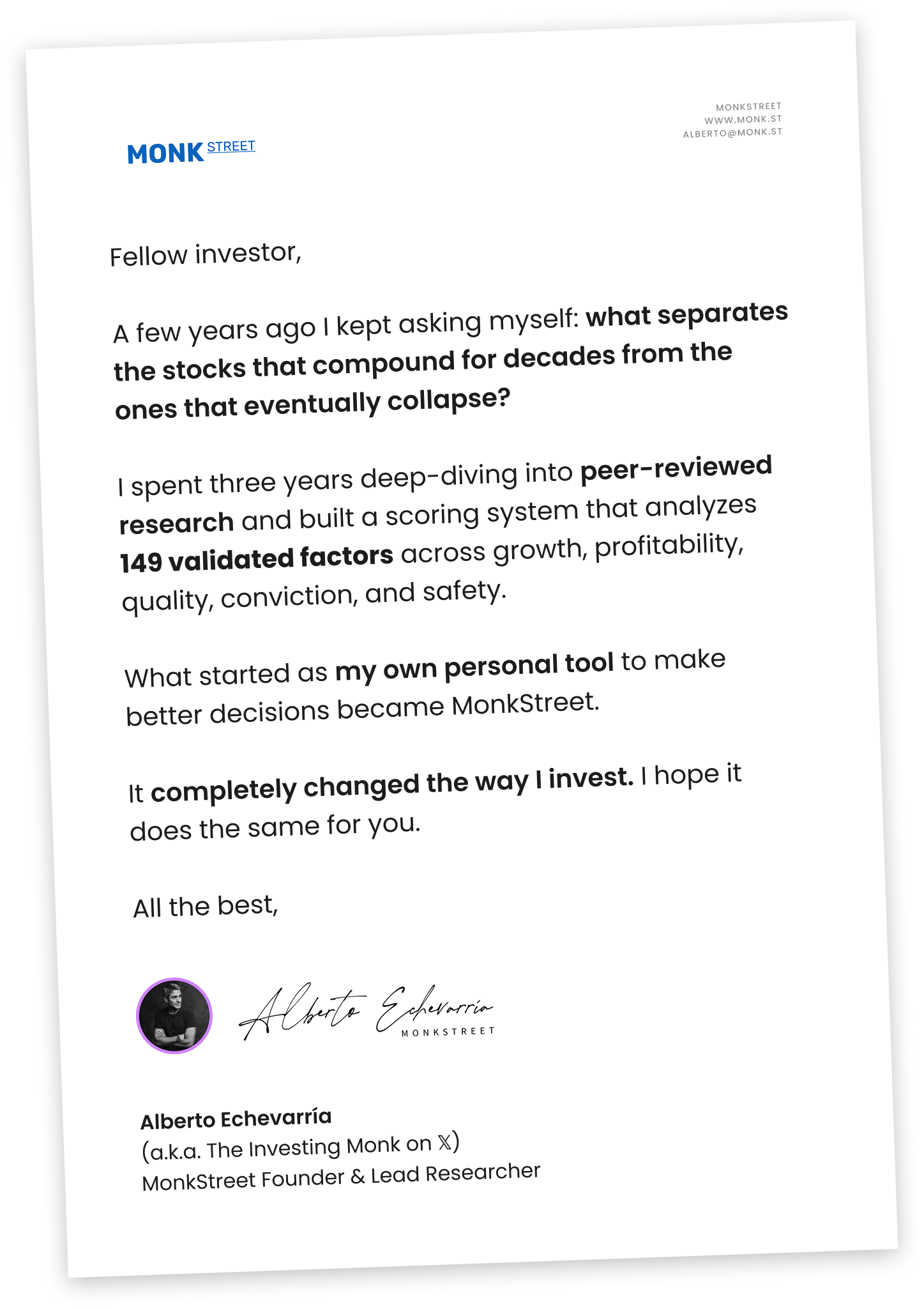 Letter from Alberto Echevarría, MonkStreet Founder & Lead Researcher